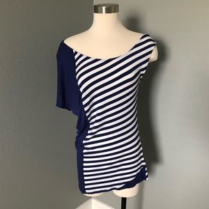 Solar Asymmetric Stripe One-Sleeve Draped Tunic Top Blouse